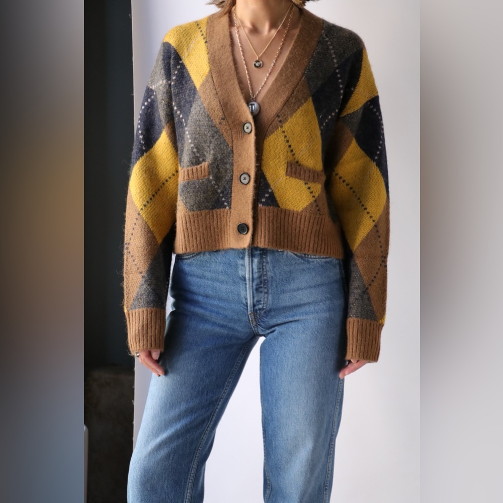 RE/DONE 90s Cropped Cardigan Argyle Sweater Size Large - Picture 2 of 8